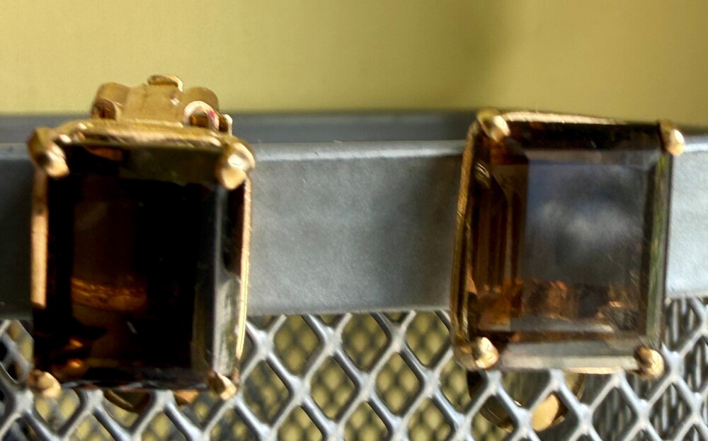 Vintage 14K Gold Emerald Cut Synthetic Brown Spinel Omega Back Earrings 4.7g